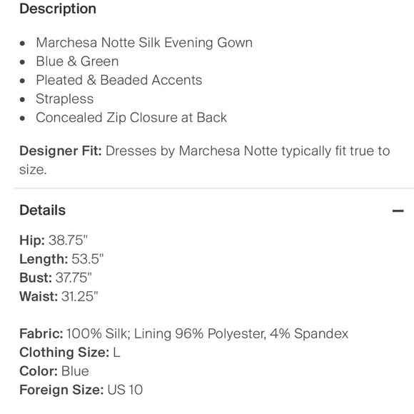 Marchesa Teal Strapless pleated and draped silk Dress with Gold beaded accent. - Picture 12 of 13